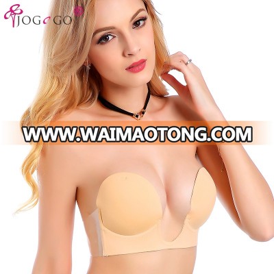 Factory wholesale backless self sticky push up strapless deep U plunge seamless adhesive silicone invisible bra